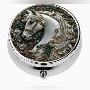 Horse Mare Equine Theme Round Pill Organizer 3-Compartment Compact Pill Case New